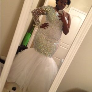 Customized white size 18 prom dress with iridescent beading and mermaid bottom.